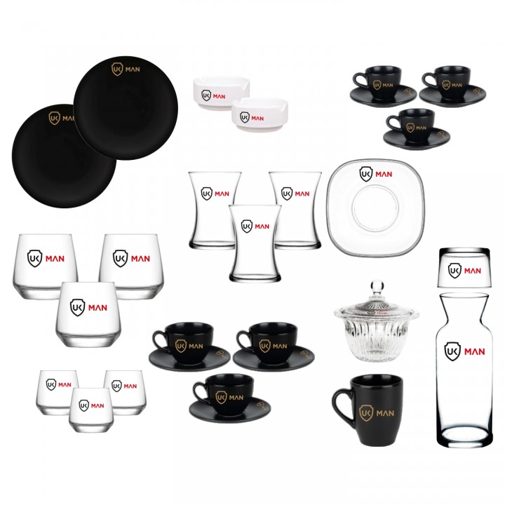  Black Diamond 140 Parça Logo Baskılı Siyah Porselen Ofis Seti